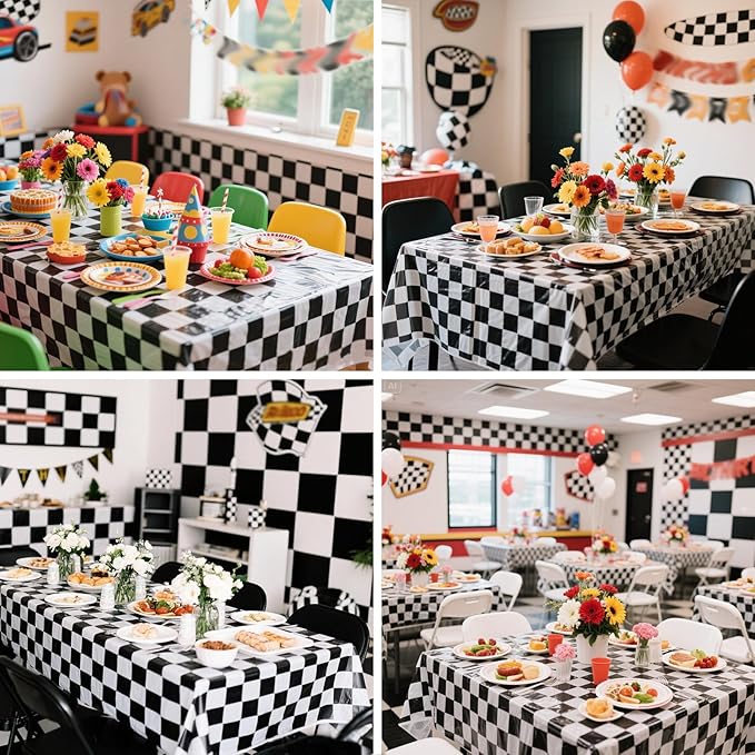 3 Packs Black and White Checkered Tablecloth 54 x 108 Inch Plastic Checkered Table Cloth Disposable Race Car Theme Party Tablecloths for Outdoor Picnic Parties