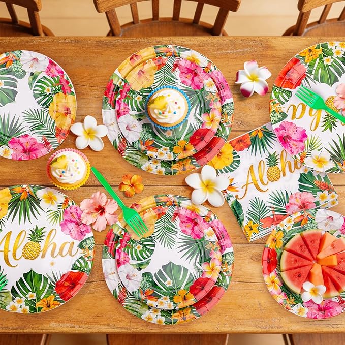Luau Party Decorations, 99Pcs Hawaiian Aloha Party Plates-Serve 24 With Aloha Banner Tablecloth Napkins Disposable Dinnerware Set for Hawaiian Tropical Summer BBQ Party Decorations