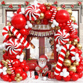 Christmas Balloon Garland Kit 142Pcs with Candy Cane Crutch Windmill Merry Christmas Foil Balloons Xmas Balloon Arch Red Gold White Balloons Decorations for Friendsmas Holiday New Year Party Supplies