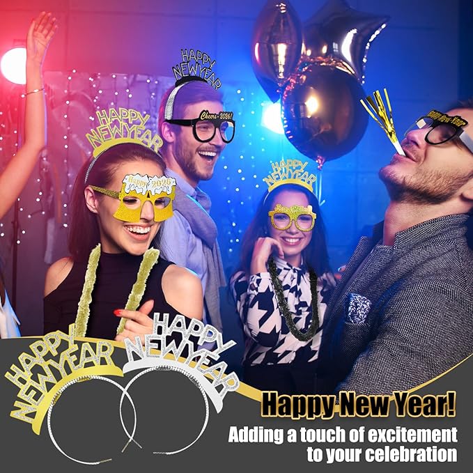 Capoda 192 Pcs New Years Eve Party Supplies 2026 Decorations Kit for 48 Guest with Happy New Year Cone Hat Tiara Headband Glasses Bead Noisemaker Horns Lei Necklace