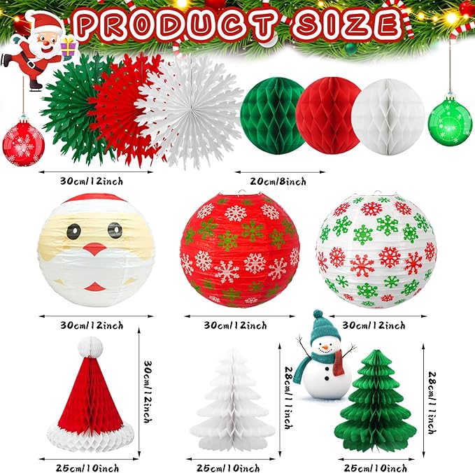 Christmas Honeycomb Paper Lantern Decoration Set, Hanging X-mas Party Supplies Including Christmas Hat, Trees Honeycomb Balls Lanterns, Paper Fans for Holiday XMAS Party Decor