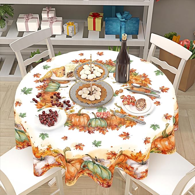 Fall Tablecloth Round 60 Inch Thanksgiving Autumn Harvest Orange Pumpkin Outdoor Table Cloth Maple Leaf Table Cover for Kitchen Dinner Room Holiday Party Outdoor Home Fall Decor