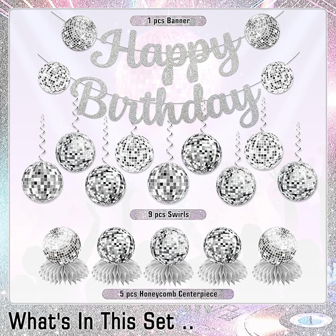 Disco Birthday Party Decorations - Silver Disco Ball Banner, Honeycomb Centerpieces, 70s-80s-90s Themed Party Pack
