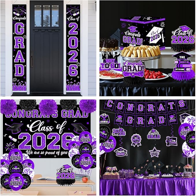 Graduation Decorations Class of 2026,Purple Graduation Decorations 2026- Congrats Grad Decorations Banner ＆ Hanging Swirls,Graduation Card Box,Paper Pompoms,Balloons,Porch Sign for College Grad Party