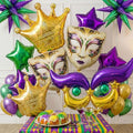 Mardi balloon garland arch kit Purple green gold with Fringe Curtain DIY Mask star Crown and Mask Balloons for Gorgeous Funny Grand Fat Tuesday Party decorations