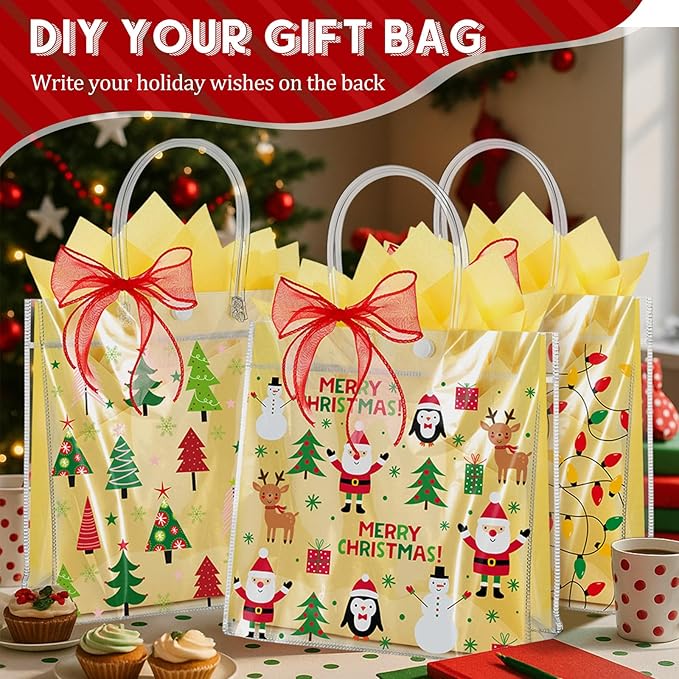 Henoyso 12 Pcs Christmas Clear Gift Bags Plastic Candy Treat Goodie Bags Red Foil Santa PVC Wrap Totes with Handles and Ribbon Xmas Party Favors (Santa and Xmas Tree,7.8 x 7.8 x 3.1 Inch)