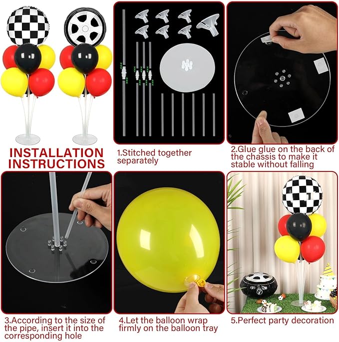 Race Car Party Balloons Stand Kit 2 Sets With 2 Checkered Foil Balloon Racing car Party Balloon Red Black Yellow Race Car Birthday Party Decor Set For Boys Let's go Racing New Year Party Decorations