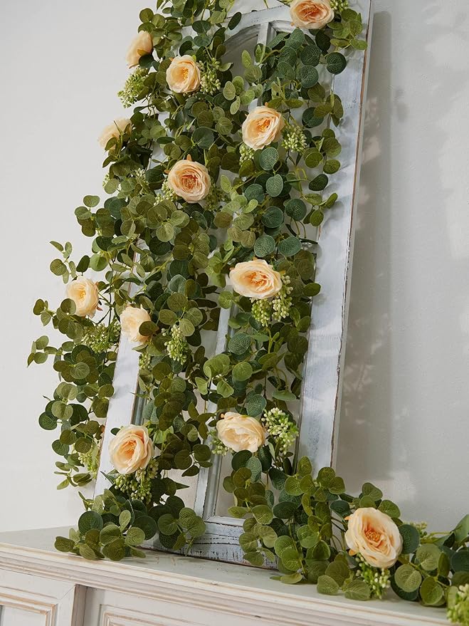 PARTY JOY 2pcs 6.56ft Eucalyptus Garland with Flowers-8 Champagne Roses-Lush,Natural Looking, Floral Garland Greenery for Party Wedding Table Indoor Outdoor Backdrop Wall Decor（Champagne）