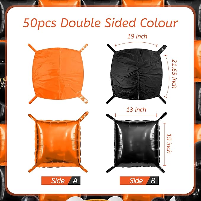 50 Pcs Black and Orange Square Foil Balloons Wall Backdrop, 19 Inch Reusable Mylar Basketball Balloons DIY Double Sided Tunnel Arch Kit for Birthday Graduation Basketball Party Baby Shower Decorations