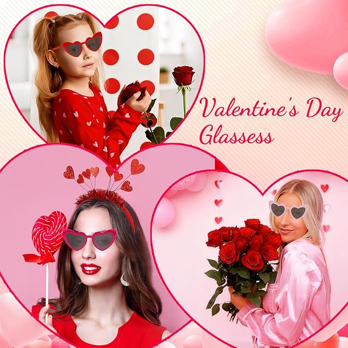 3PCS Valentine's Day Glassess for Women, Red & Pink Heart Shaped Sunglasses for Galentine's Day, Bid Day, Bachelorette Party & Daily Stylish Looks