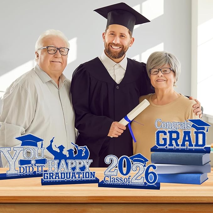 4Pcs Graduation Decorations Class of 2026 Wood Table Centerpieces Congrats Grad Wooden Sign Graduation Table Toppers Congratulate Tiered Tray Decor for 2026 Graduation Party (Blue-Silver)