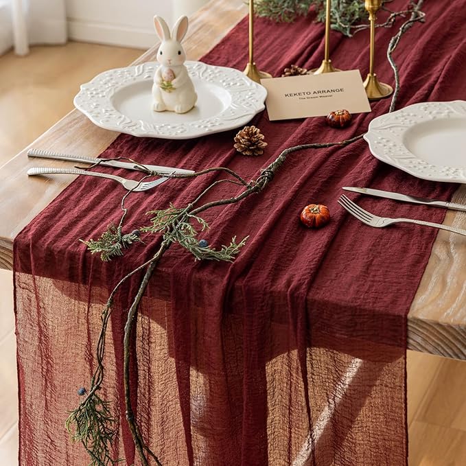 Keketoarrange 6pcs Burgundy Table Runner Red Table Runner Cheesecloth Gauze 120 Inch 10 FT Rustic Boho Cheese Cloth Runner for Wedding Baby Bridal Shower Party Long Sheer Spring Home Decorations