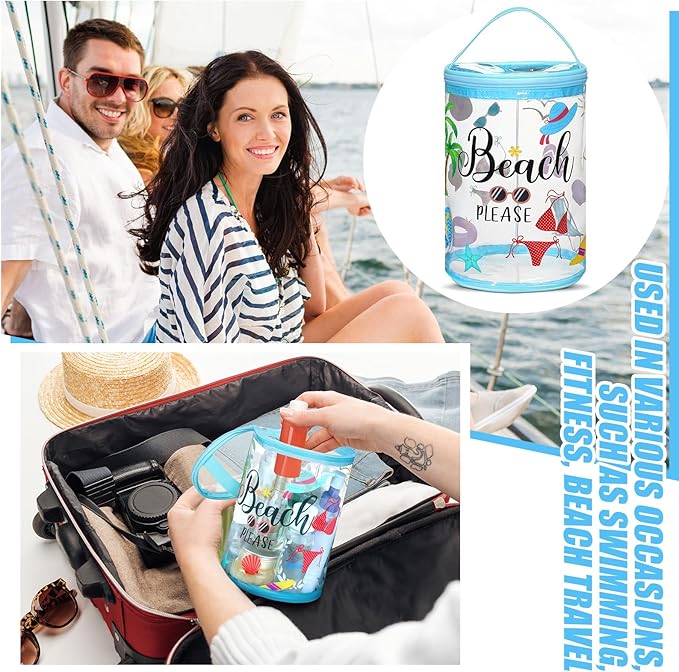 Sanwuta Beach Gifts Heavy Duty Clear Lotion Toiletry Bags for Travel Sunscreen Makeup Cosmetic Pouch Cylinder Bag Waterproof Portable Trip Bag with Handle Zipper(Beach Please)