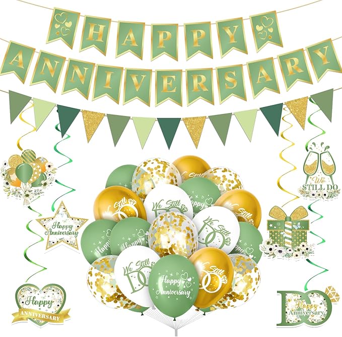 Green Happy Anniversary Decorations, Sage Green Happy Anniversary Banner Balloons First Year Anniversary Hanging Decor Wedding Party Backdrop for Marriage Celebrations Surprise Events Party Supplies
