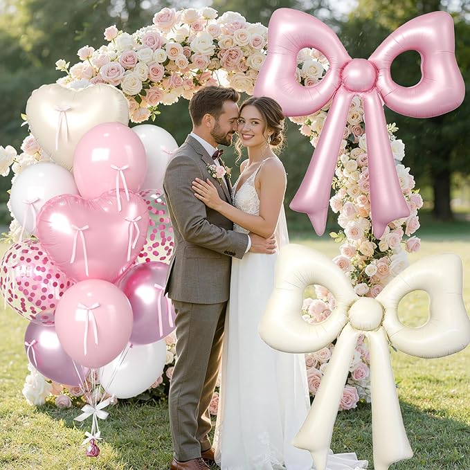 Pink and Cream Heart Balloons, 38 Inch Bow Balloons, White Metallic Pink Confetti Balloon with Bow Ribbons for Girls Women Birthday Wedding Bridal Baby Shower Valentines Day Decorations