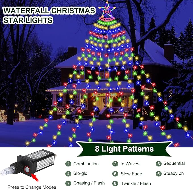 Christmas Decoration Lights, Outdoor Christmas String Lights 320 LED 11.5 Ft Waterfall Tree Light with Big Star Topper 8 Light Modes for Xmas New Year Holiday Garden Yard Indoor Outdoor Decor