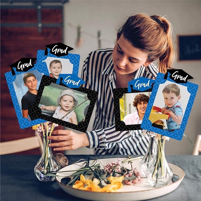 Blue Graduation Party Decoration, Photo Display Centerpiece Kit, 15 Double-Sided Photo Table Topper Sticks, Vertical and Horizontal 4x6 Picture Holders - Blue Grad