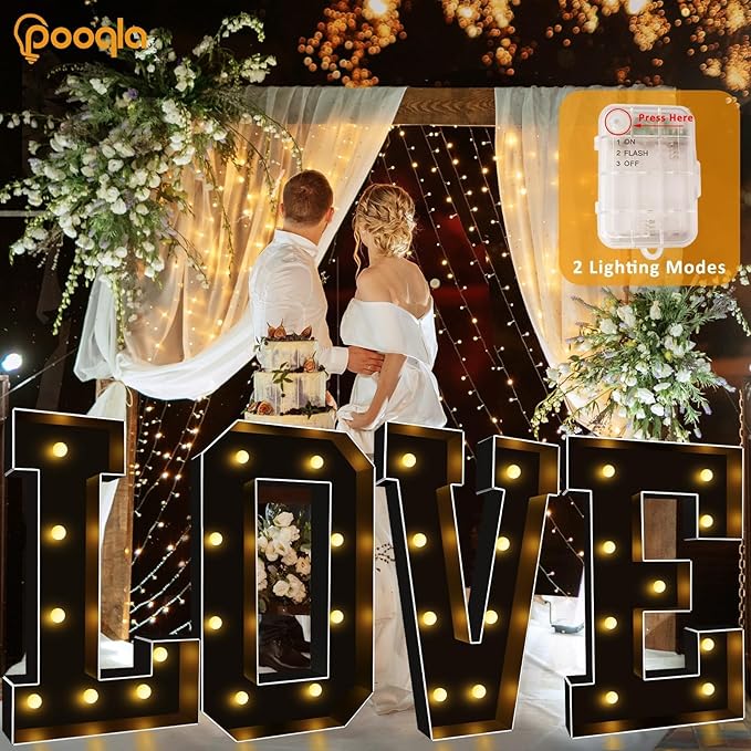 Pooqla 3 FT Marquee Light Up Letters, Black Marquee Letter Lights 3 Feet Tall, Giant LED Sign Big Mosaic Letters for Balloons Birthday Party Anniversary Wedding Decorations, Black Warm White B