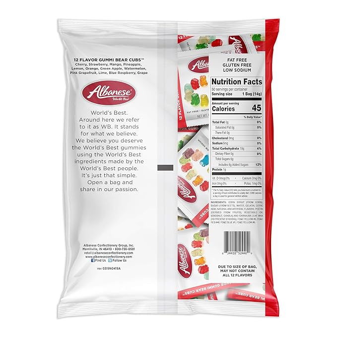 Albanese World's Best 12 Flavor Gummi Bear Cubs | 0.5oz Snack Packs of Candy | Miniature, Individually Wrapped, Soft Gummy |Cherry, Blue Raspberry, and More (Pack of 100)
