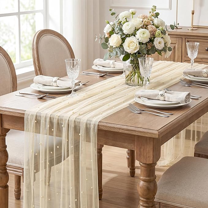 Artoid Mode 3PCS Pearl Champine Gauze Table Runner 120 Inch 10FT, Seasonal Sheer Dining Holiday Wedding Birthday Baby Shower Table Decor for Home Party