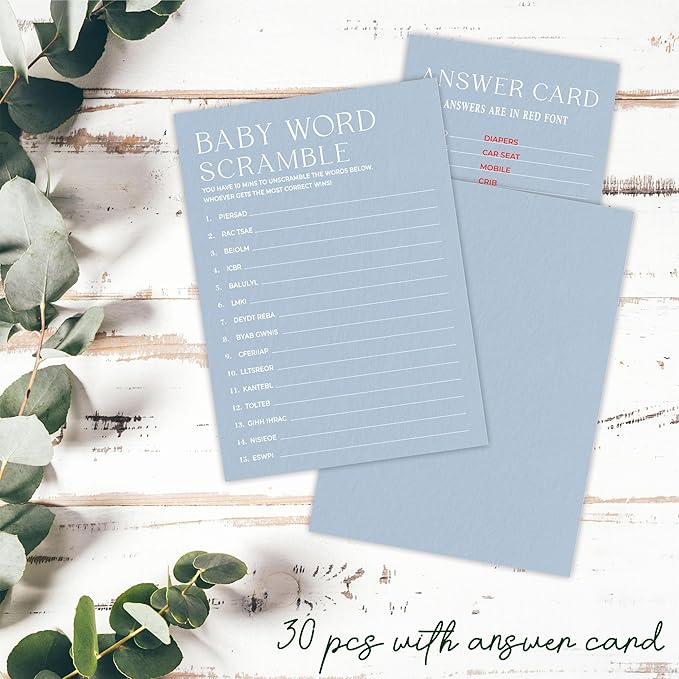 Minimalism Baby Shower Game Kit - Baby Word Scramble - Mist Blue - 30 Fill-In Game Cards & 1 Answer Card, Gender Reveal, Party Favor & Decor