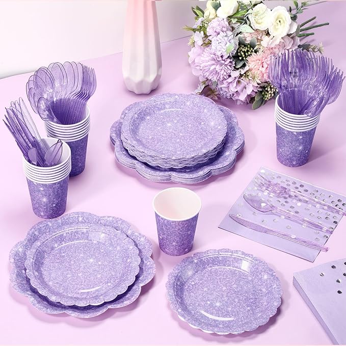 Hushee 175 Pcs Light Purple Holographic Print Party 25 Guests Disposable Dinnerware Set Include Paper Plates, Napkins, Paper Cups, Plastic Tableware for Birthday Party