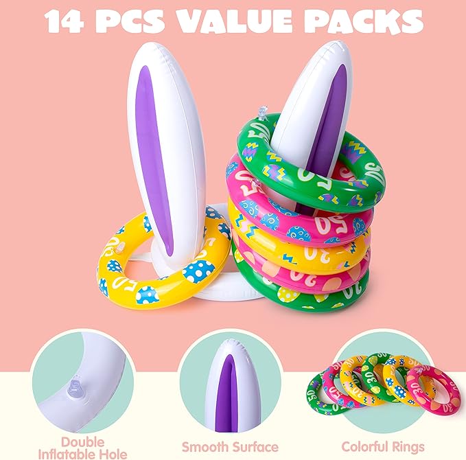 JOYIN Easter Inflatable Bunny Ears Ring Toss Game(2 Set 12 Rings), Inflatable Rabbit Toss Game, Indoor and Outdoor Game for Easter Party Supplies