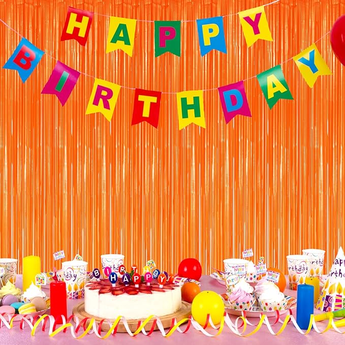 2 Pack Foil Fringe Backdrop - Fluorescent Orange Shiny Tinsel Curtains for Party Decoration/Photo Booth Props - 3.3x6.6 FT Metallic Foil Backdrop for Birthday, Wedding, Graduation, Christmas