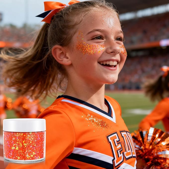 Orange Face Hair Glitter,Cheer Holographic Orange Body Glitter,Rave Music Carnival Festival Singer Concert Accessories for Women,Halloween Cosplay Shimmer Makeup