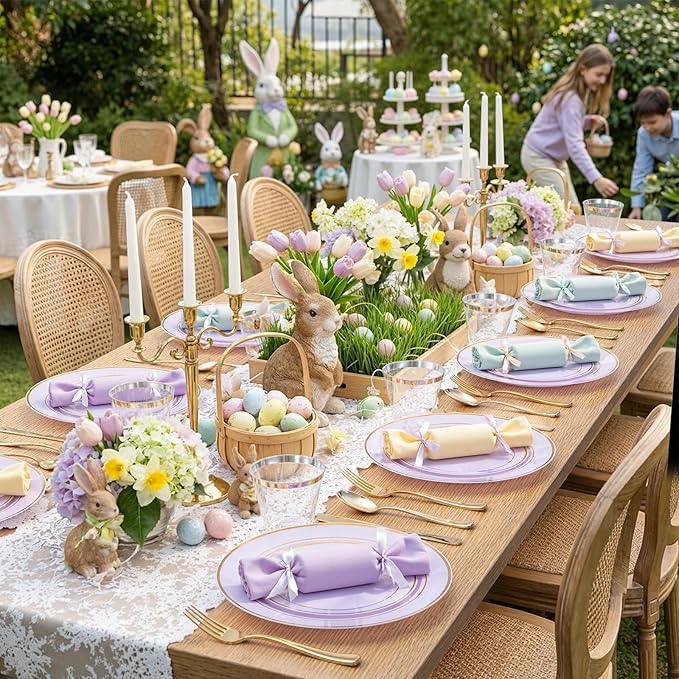 175PCS Purple Plates Disposable - Lavender Plastic Plates 25Guests Plastic Dinnerware with Rolled Napkins for Birthday/Spring/Baby Shower/Easter
