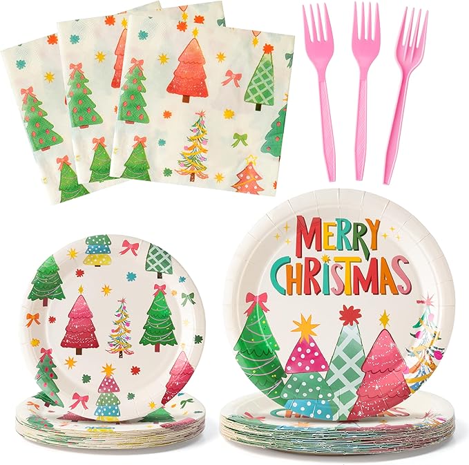 Party Plate Supplies - Serves 24-96Pcs Party Tableware Decoration Disposable Paper Plate Napkin Fork for Birthday Merry Christmas Tree