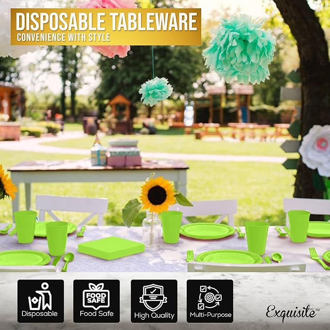 350 Pcs Lime Green Plastic Plates For Party, Lime Green Disposable Plates Set, 50 Of Each 9" Dinner Plate Set, 7" Dessert Plate, Cups, Napkins & Cutlery Plastic Dinnerware Set Exquisite
