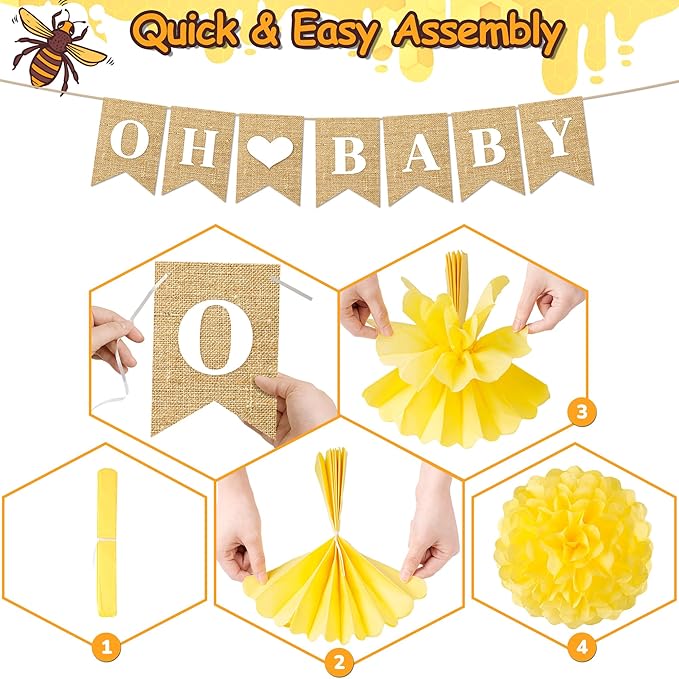 Bee Baby Shower Decorations 14 Pcs Honey Bee Baby Shower Decorations with Banner, Paper Lantern PomPoms Fans, Honeycomb Ball for Bumblebee Party Decor