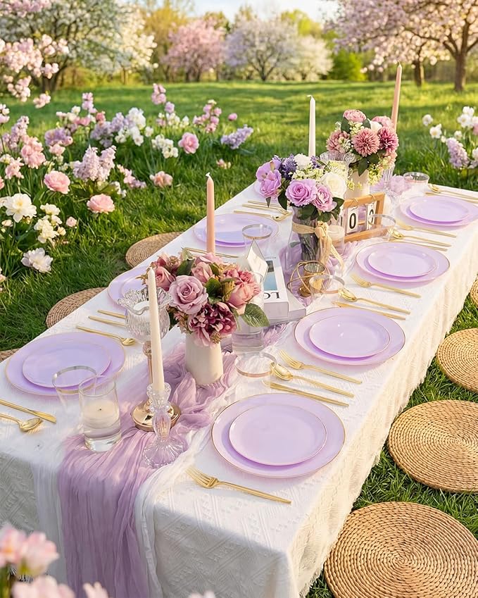 bUCLA 150PCS Purple Plastic Plates - Light Purple and Gold Disposable - Include 25 Each (Dinner & Dessert) lavender Plates, 25 Knives, 25 Forks, 25 Spoons & 25 Cups for Party, Easter & Wedding