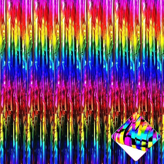 4 Pack 3.2Ft x 8.2Ft Rainbow Foil Fringe Curtain Backdrop, Metallic Tinsel Foil Fringe Streamers Curtains Background for Photo Booth, Birthday, Wedding, Disco, Bachelorette, Christmas Party Decoration
