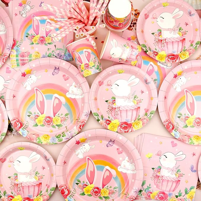 KEFAN Bunny Birthday Party Decorations, Rabbit Theme Party Tableware Supplies including Plates, Cups, Napkins, Tablecloth (40)