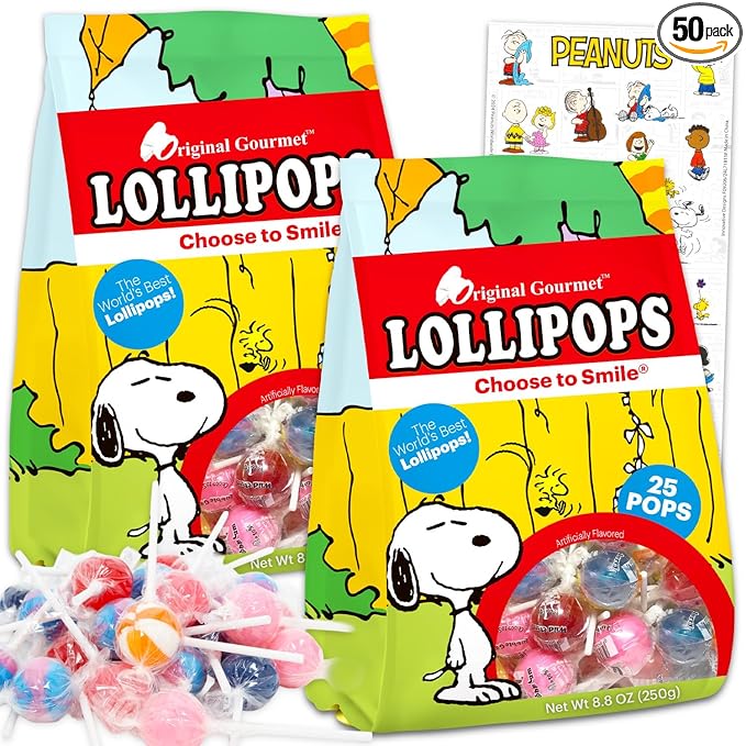 Snoopy Lollipop Bulk Party Bag - 50 Individually Wrapped Peanuts Charlie Brown Halloween Hard Candy Suckers, Sweet Treats, Stickers - Assorted Flavors