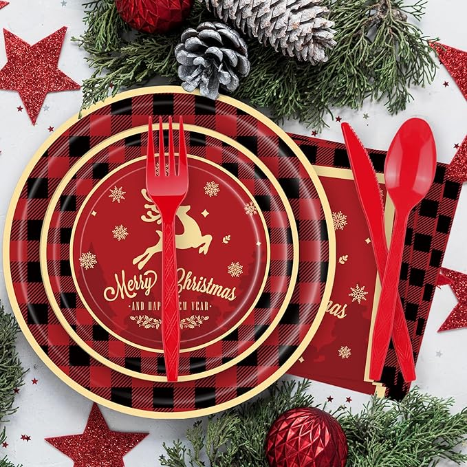 175 Pcs Merry Christmas Party Supplies Set - Serves 25, Festive Red and Black Plaid Disposable Tableware, Includes Paper Plates, Cups, Napkins, Forks, Spoons, Knives for Xmas Holiday Celebrations