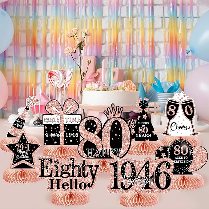 9Pcs 80th Birthday Decorations Honeycomb Centerpieces for Women, Rose Gold Happy 80th Birthday Centerpieces Tables Toppers Party Decorations Supplies, Vintage 1946 Aged Table Sign Decor