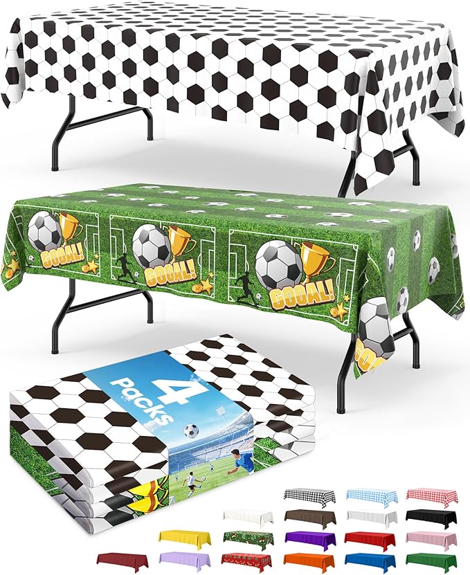 Soccer Plastic Table Cloth - 4 Pack 54" × 108" Rectangle Disposable Tablecloths for 6FT Tables, Table Cover for Party, Holiday & Gathering Use