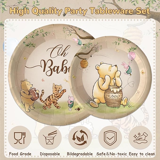 120PCS Vintage Winnie Bear Party Supplies for Kids Brown Birthday Party Set Baby Shower Bear Decorations Plates Napkin Cups Tableware Set for 20 Guests