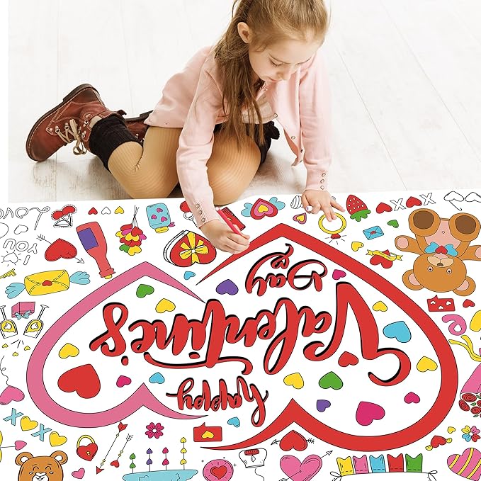 Valentines Day Large Coloring Tablecloth, Valentine's Day Giant Coloring Poster for Classroom Activity and Home Party Favors, 30x72 Inch