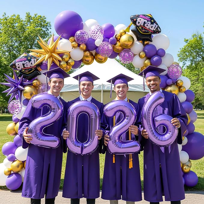 Graduation Balloons Garland Arch Kit, Graduation Balloons Class of 2026, Purple and White Gold Latex Balloon with Foil Balloon for Class of 2026 Party Decor
