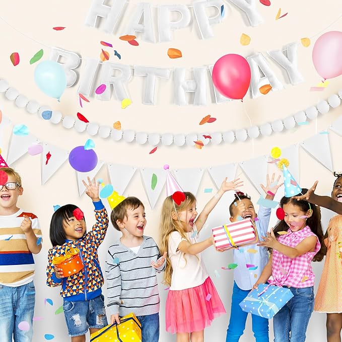 CANREVEL Pre-Strung 3D Rainbow Happy Birthday Banner, 3 PCS Happy Birthday Felt Sign, Pom Pom Garland, Triangle Fabric Bunting, Colorful Reusable Birthday Decorations for Women Men Girls Boys, White