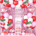 Cherry Birthday Decorations for Girl, Pink White Red Bows Balloons with 'HAPPY BIRTHDAY' Banner Fringe Curtains Heart Foil Balloons Cake Topper for Women Girls Birthday Party Decor