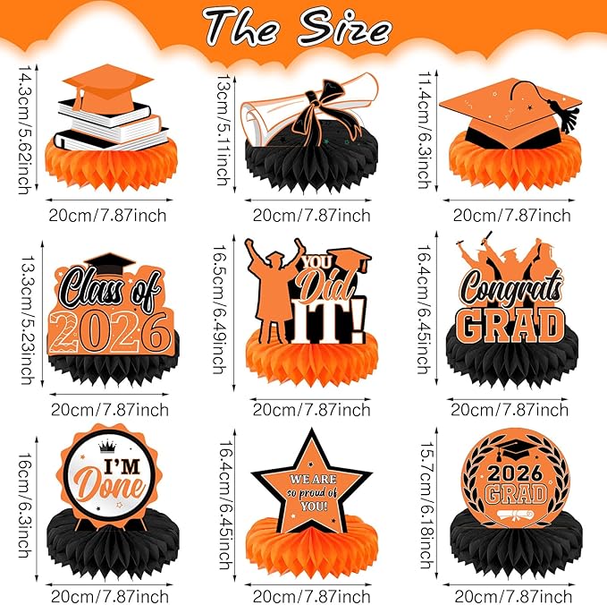 Yisong 9 Pieces 2026 Graduation Party Table Decorations Class of 2026 Congrats Graduation Centerpieces for Tables Congratulate Honeycomb Centerpiece Topper for Grad Party Supplies (Orange)