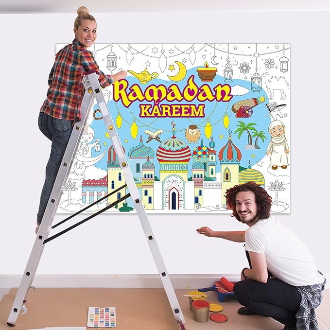 ZOIIWA Ramadan Mubarak Coloring Poster for Eid Giant Coloring Poster Large Ramadan Kareem Coloring Tablecloth Jumbo Coloring Book for Classroom Home Birthday Party Supplies Favor 31.4 x 43.3 Inch