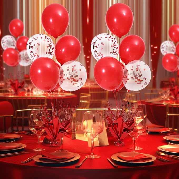 6 Set Red Christmas Table Balloons Centerpiece Stand Kit with Red and Confetti Balloons for Birthday Party Baby Shower Valentine's Day Wedding Prom Graduation Retirement Table Decorations