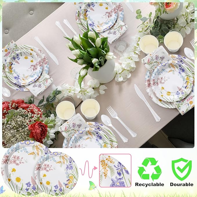 350 Pcs Easter Spring Floral Party Decoration Paper Plates Disposable Tableware Napkins Cups Knives Forks Spoons for 50 Guests Floral Baby Shower Party Tableware for Birthday