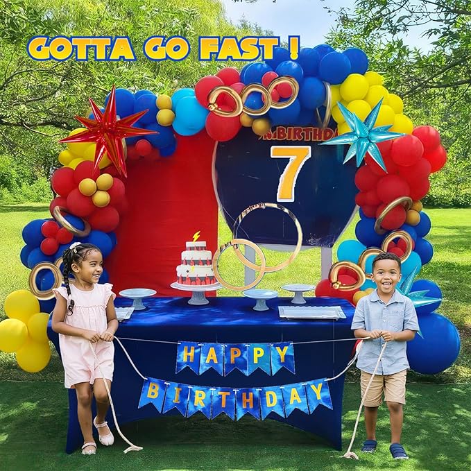 Super Hero Hedgehog Theme party decorations with 107Pcs Red Blue Yellow Gold Balloon Garland Arch Kit foil lightning Star balloons birthday banner for kids cartoon themed Baby Shower decor